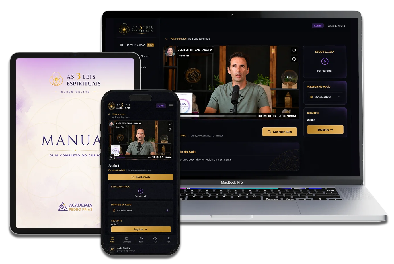 As 3 Leis Espirituais na plataforma — computador, tablet e telemóvel