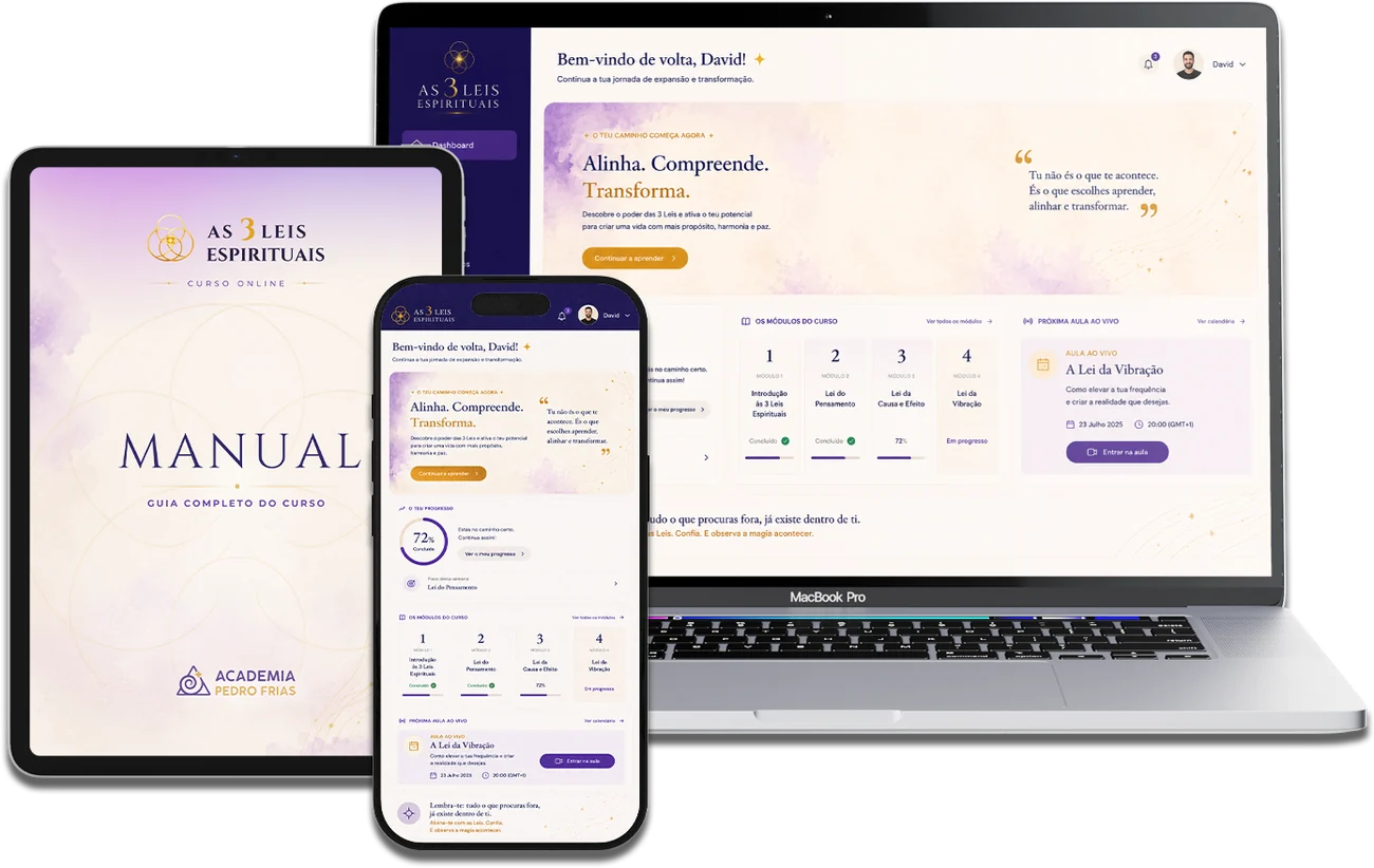 As 3 Leis Espirituais na plataforma — computador, tablet e telemóvel