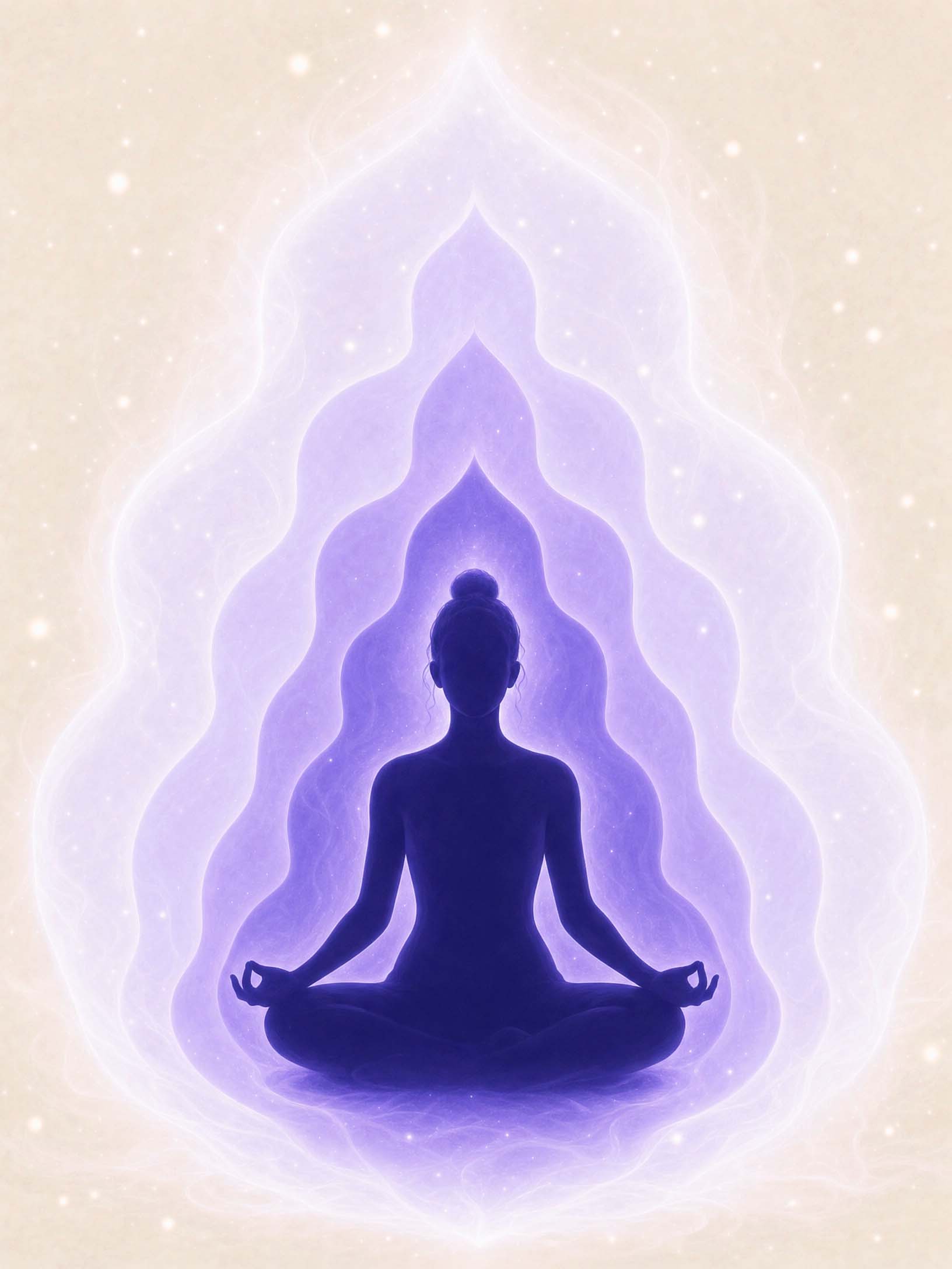 Silhueta em meditação rodeada por camadas de luz violeta, evocando o corpo espiritual