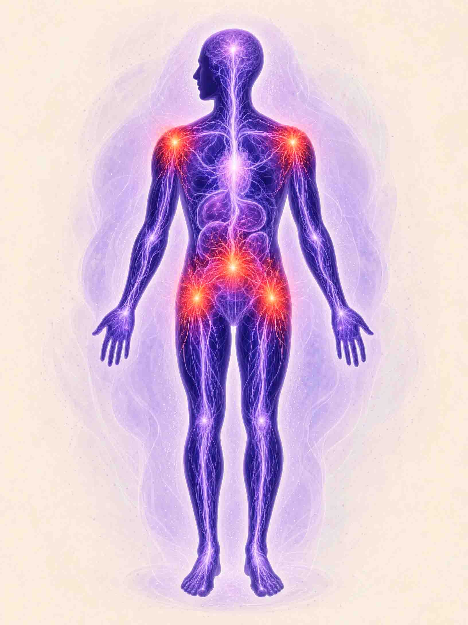 Corpo humano com pontos de bloqueio energético em luz violeta