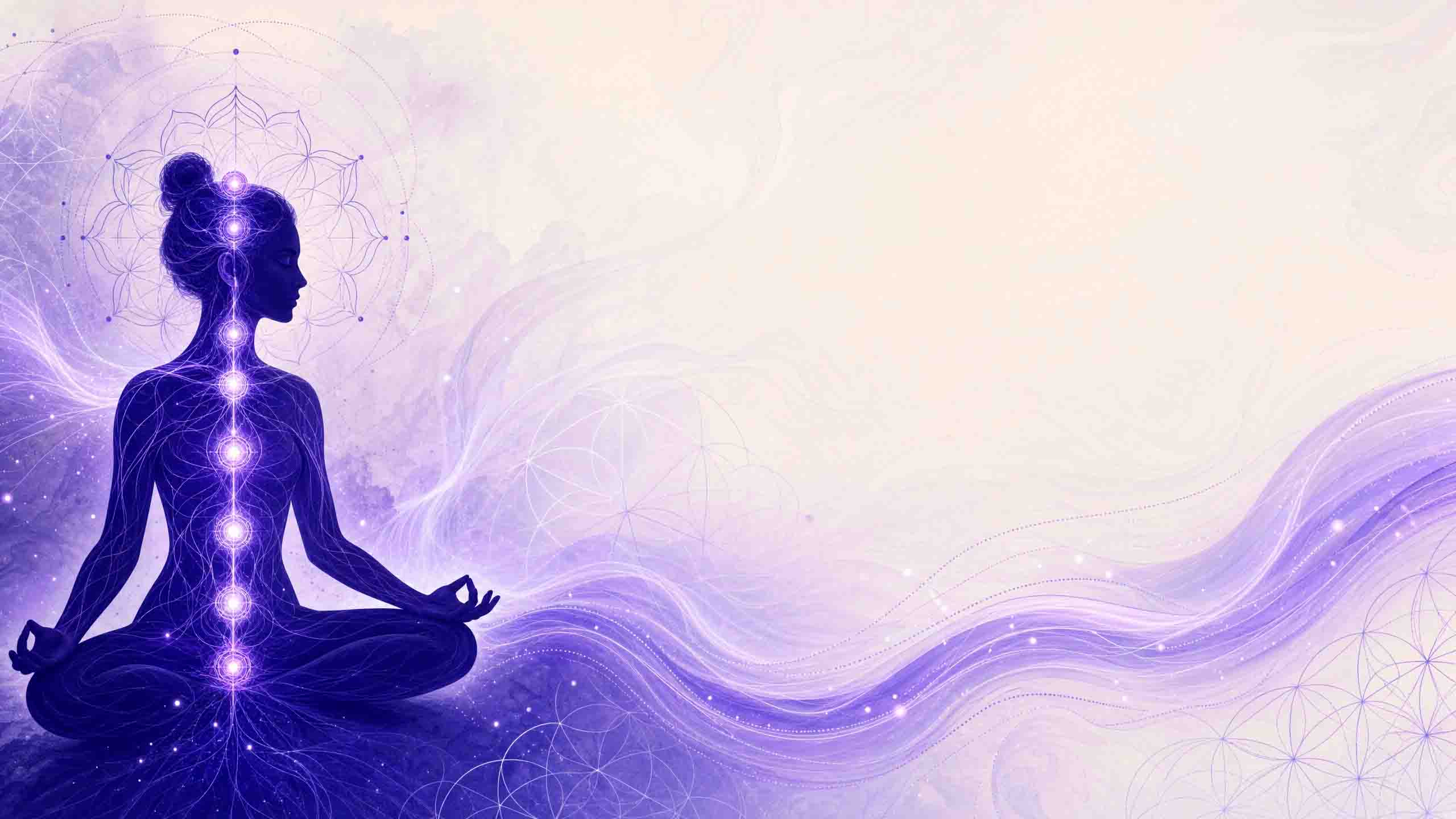 Silhueta em meditação com chakras em luz violeta, símbolo da síntese espiritual